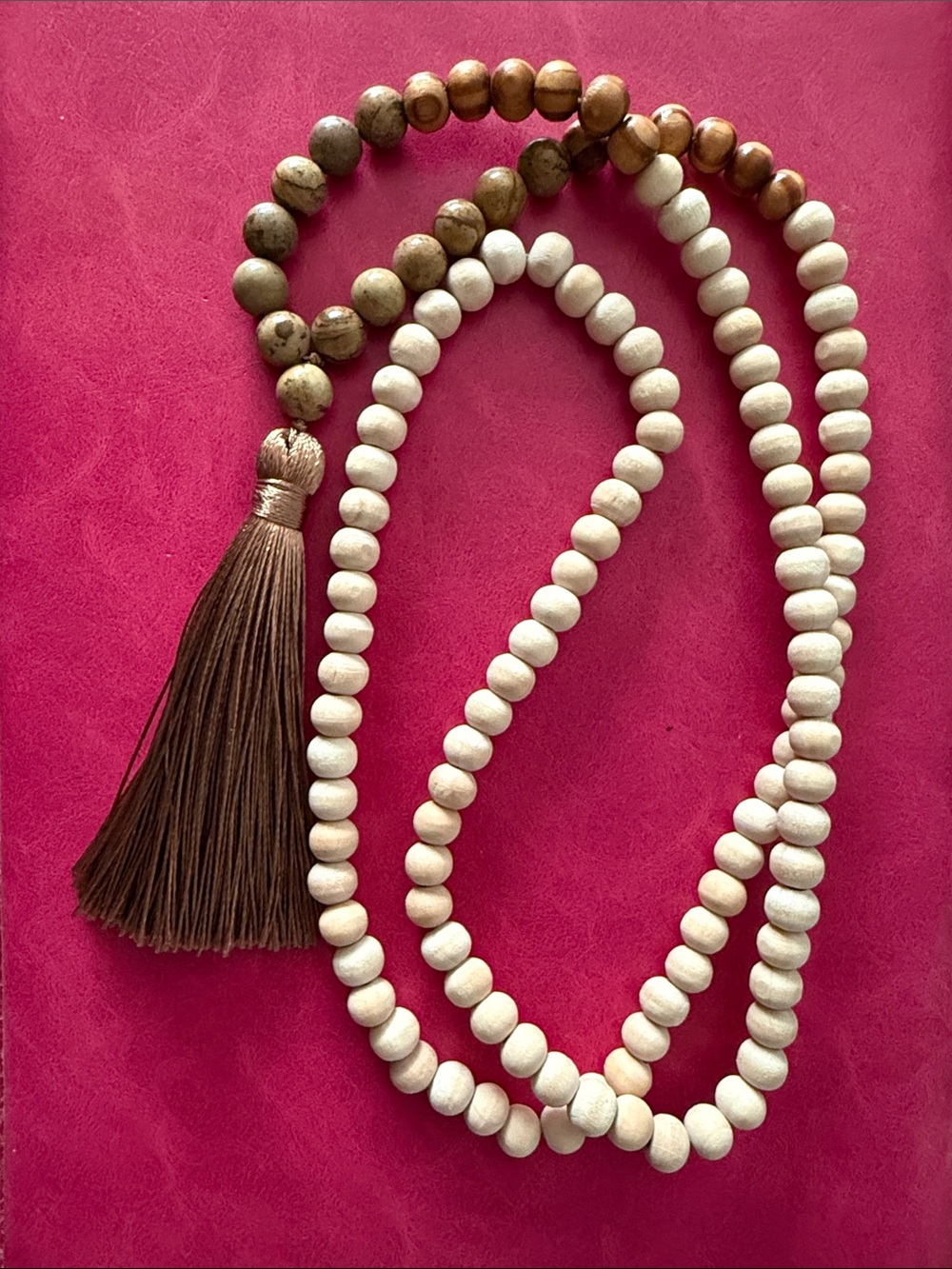 Natural Wood Bead Tassel Necklace - White and Brown